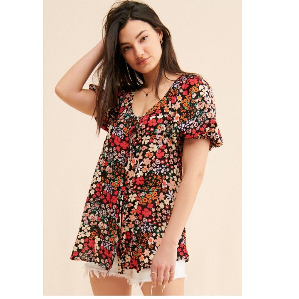 NEW Free People Callie Printed Tunic Floral Short Puff Sleeve Black Multicolor